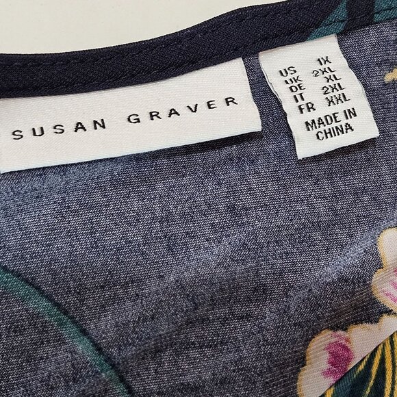 Susan Graver Tunic Top 1X Floral Long Sleeve Black Multicolor Stretchy - Picture 5 of 8